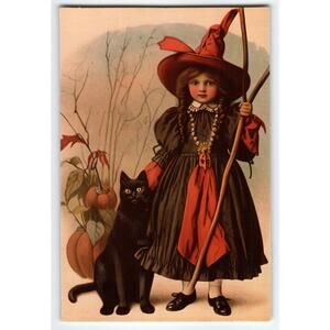 Vintage Halloween Postcard Little Girl Witch with Black Cat & Pumpkins